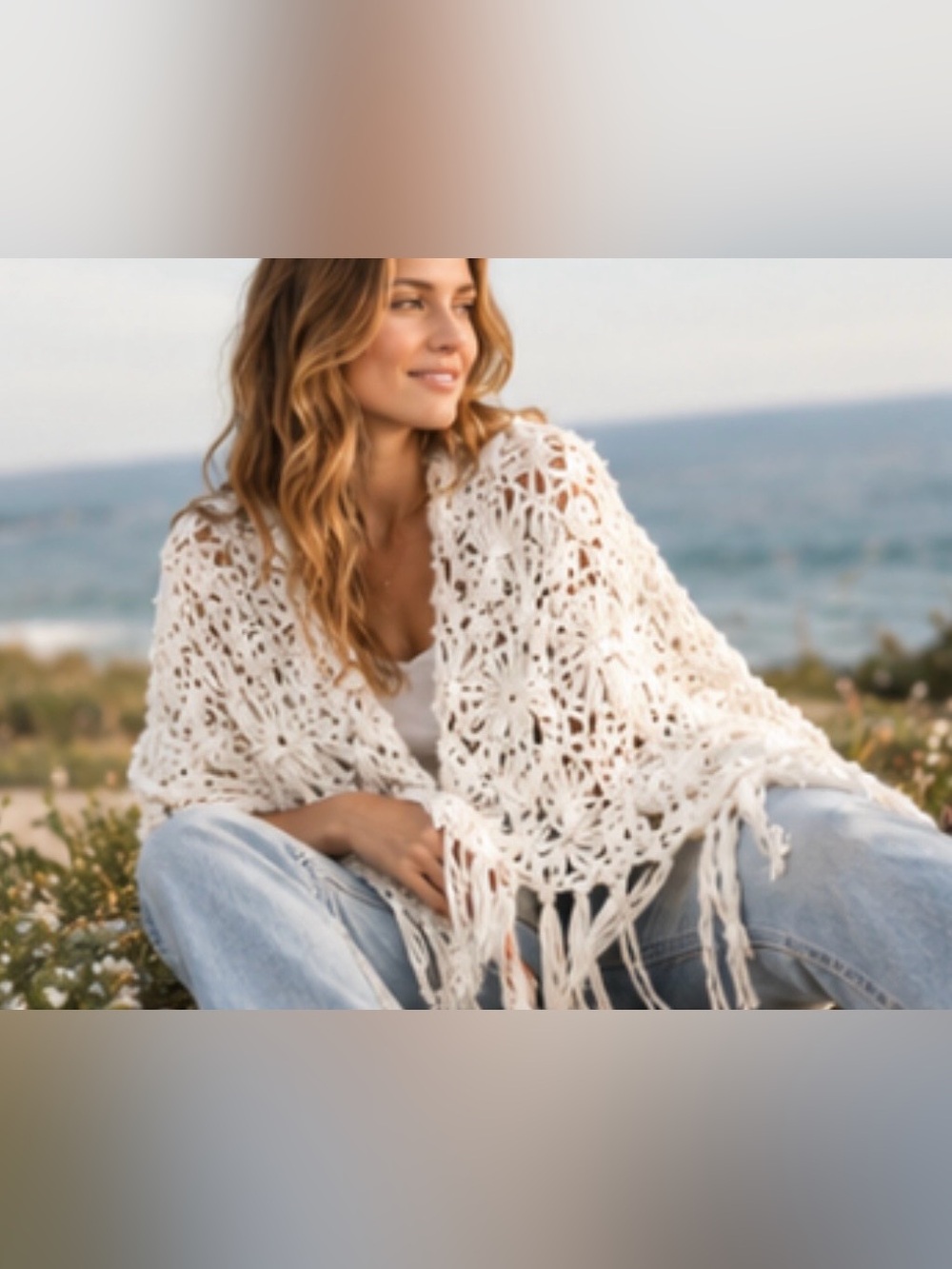 Glentey Vintage Handmade White Open Knit Shawl